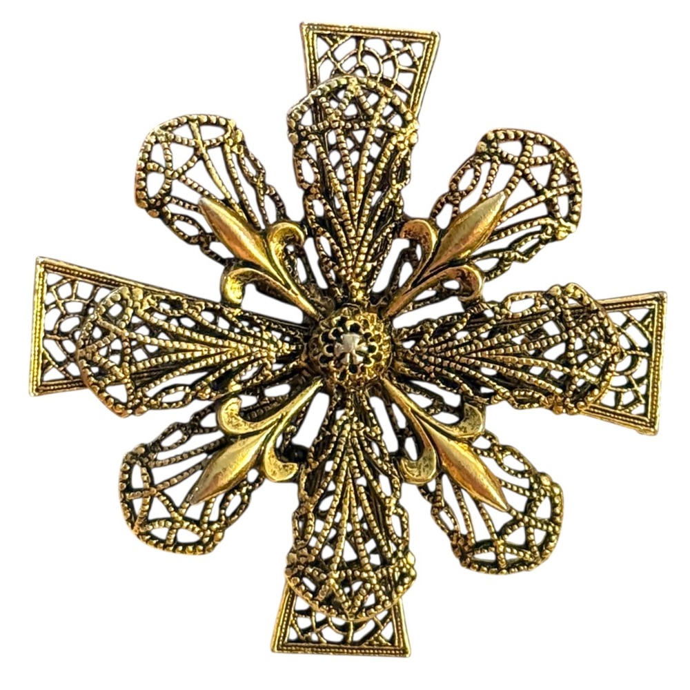 ART Arthur Pepper‎  Maltese Cross Brooch Vintage Filigree Ornate Statement Pin